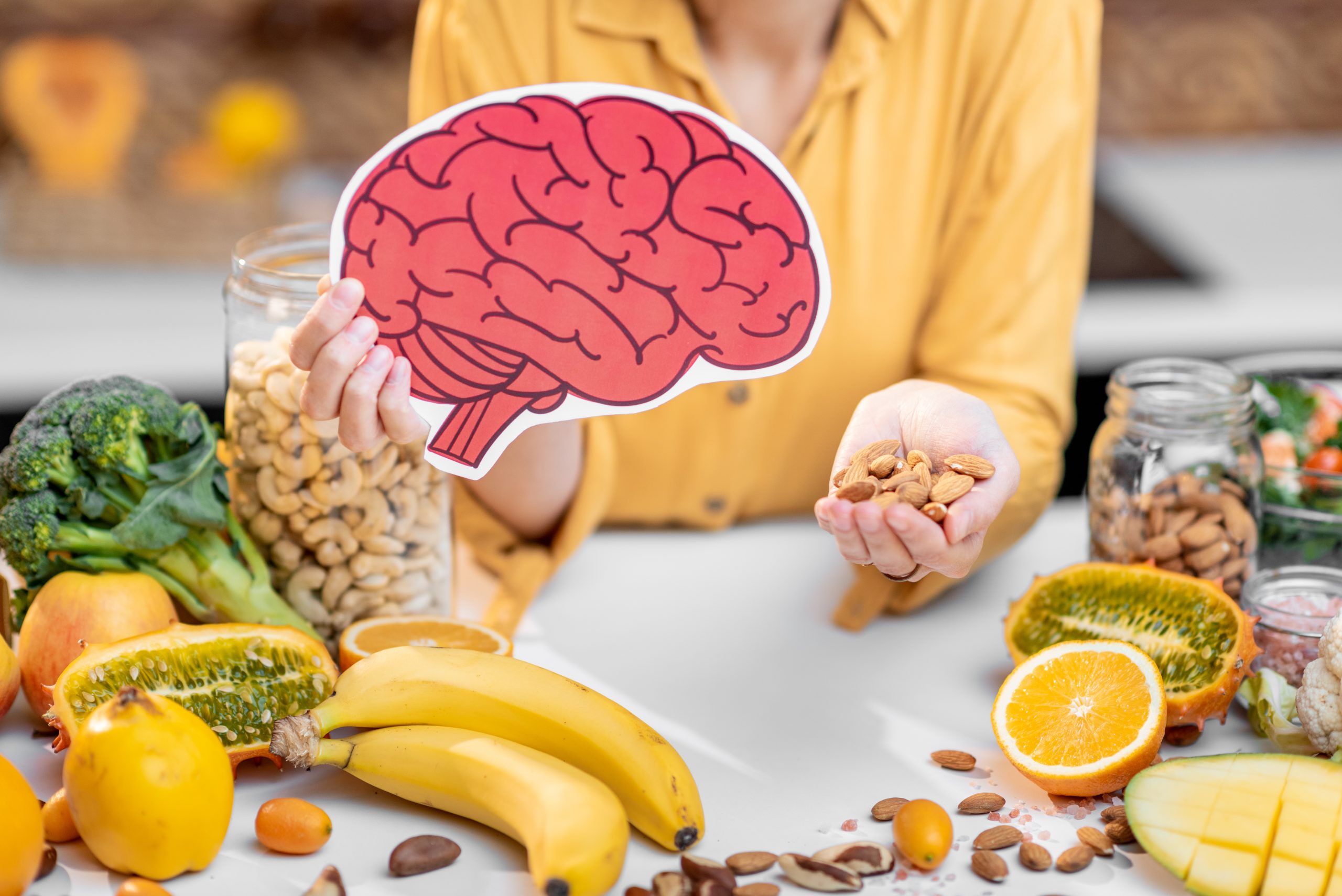 Human brain model and variety of healthy fresh food